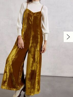 Anthropologie Velvet Spaghetti-Strap Jumpsuit in Mustard Gold